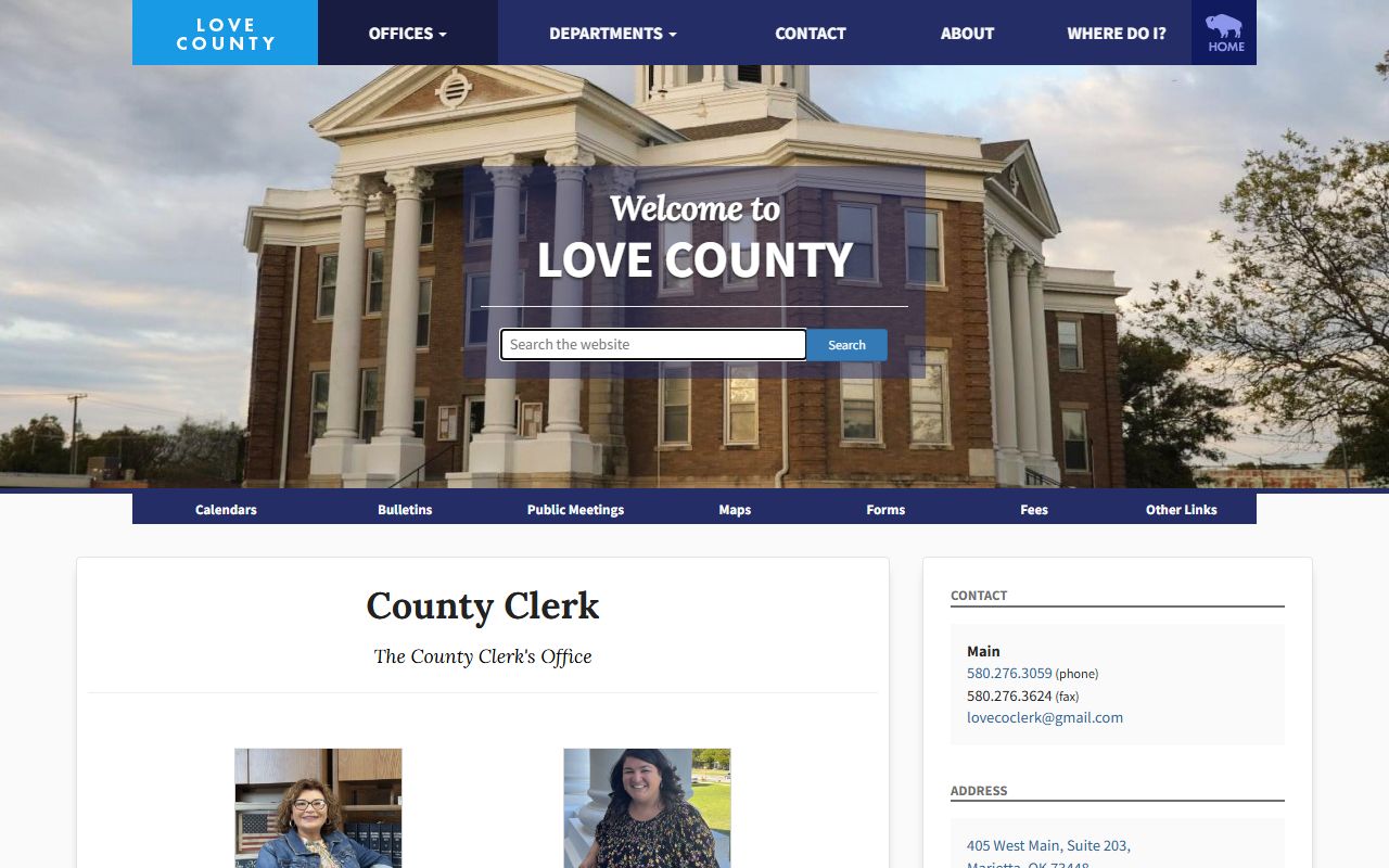Love County County Clerk page, the separate land-records office distinct from the Court Clerk