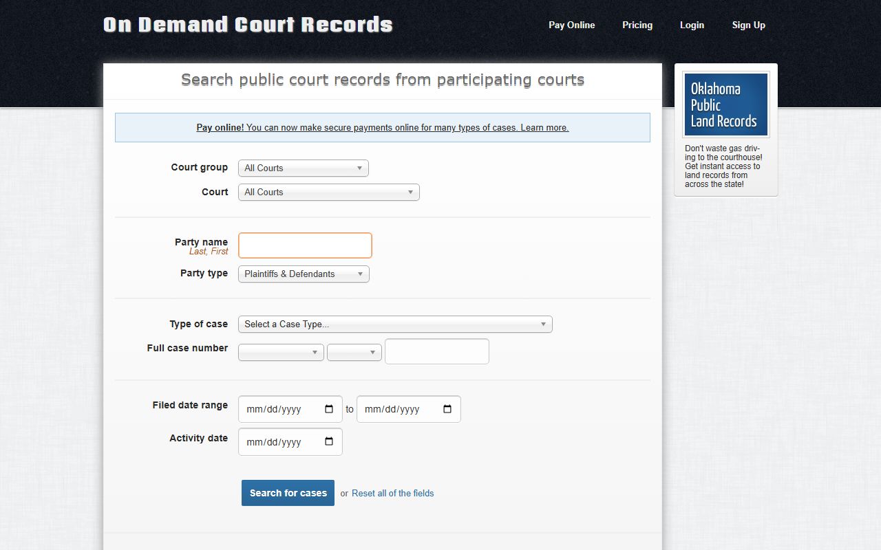 ODCR alternate portal used to search Love County Court Clerk records online