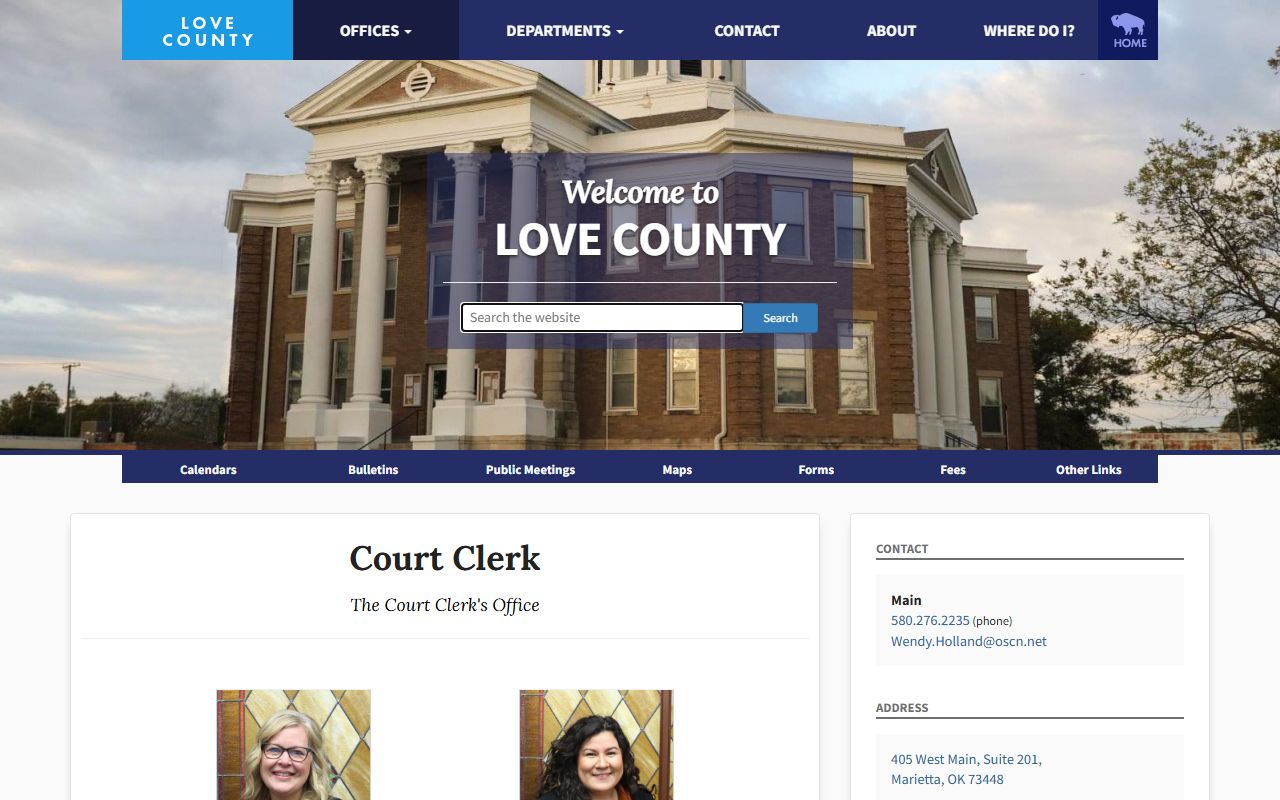 Love County Court Clerk page listing Wendy Holland and the court records duties of the office