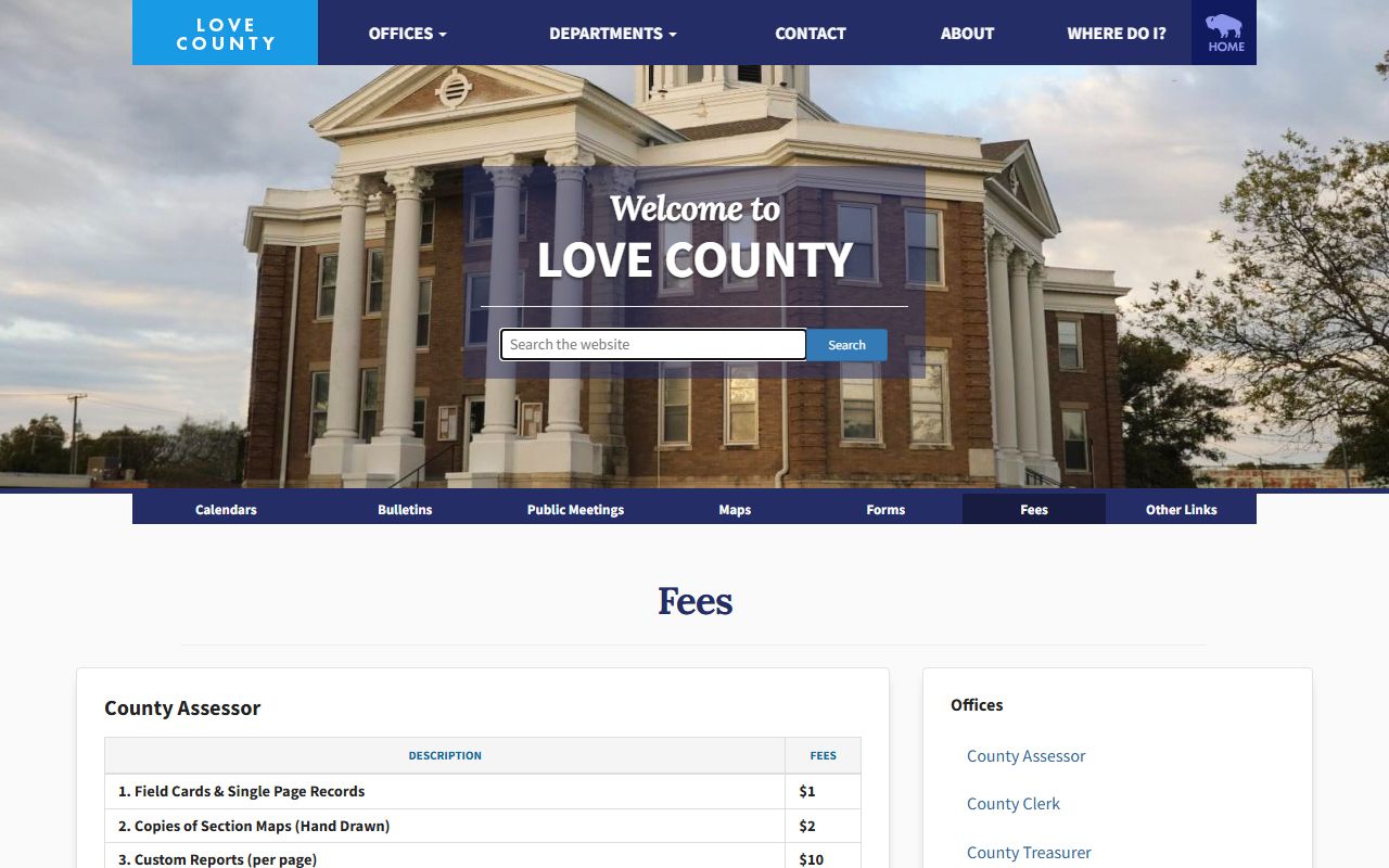 Love County fee page that routes Court Clerk fee questions to the state court schedule