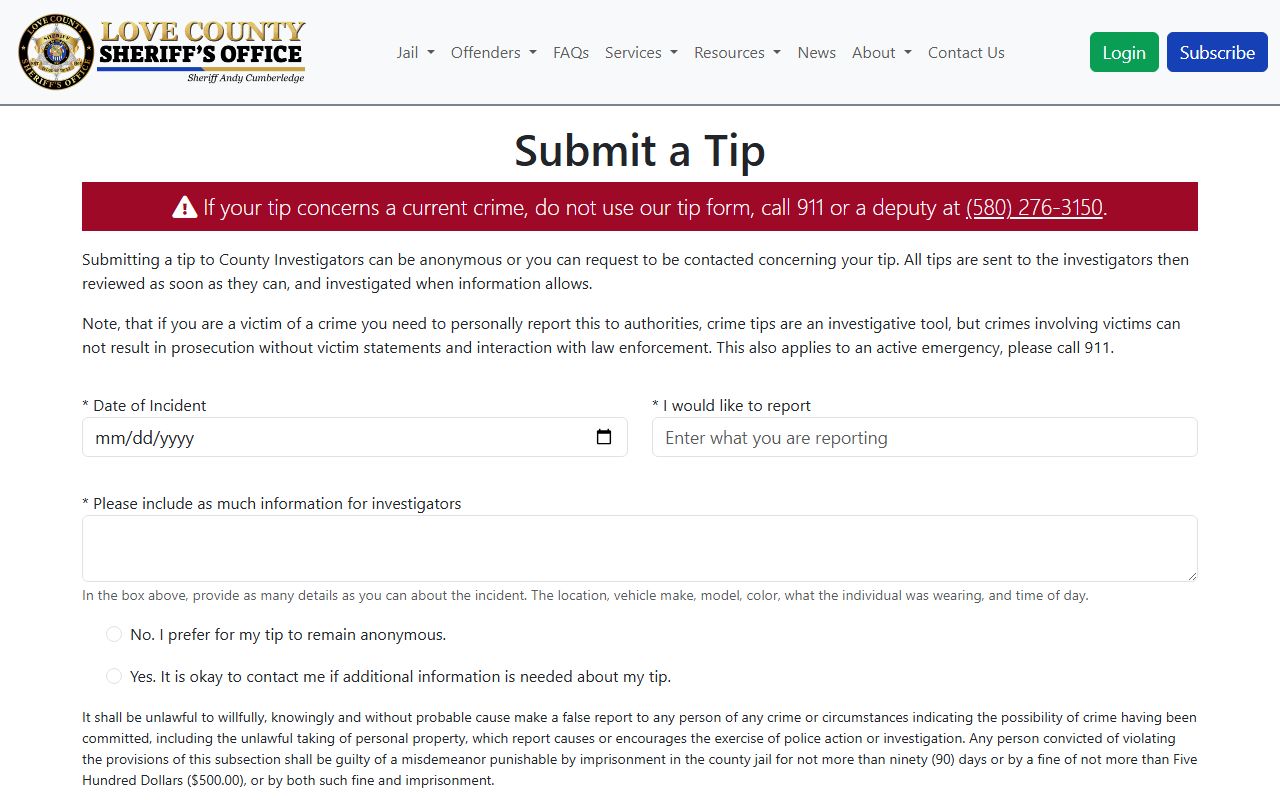 Love County arrest records anonymous tip form