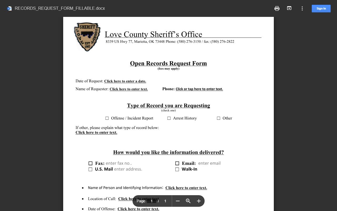 Love County arrest records open records request form