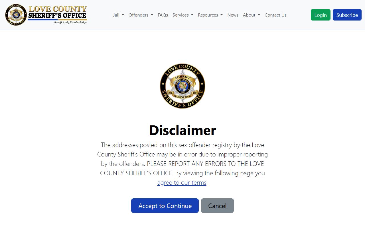 Love County arrest records sex offender registry disclaimer
