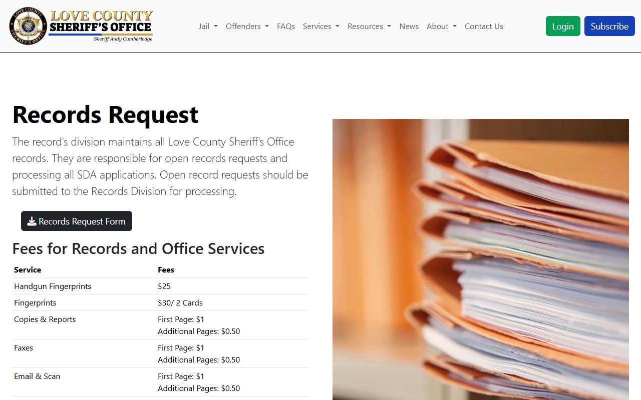 Love County arrest records Sheriff records request page
