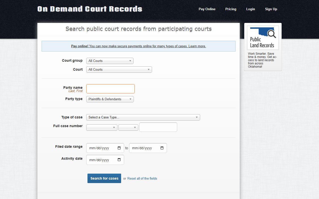 ODCR search page used for Love County court records lookups