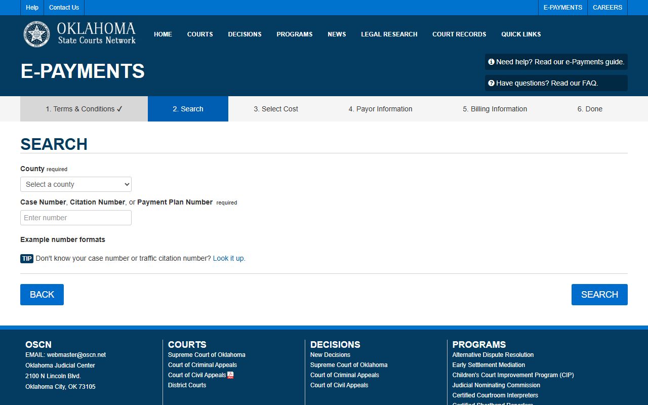 OSCN e-payments search screen used to find Love County court records balances