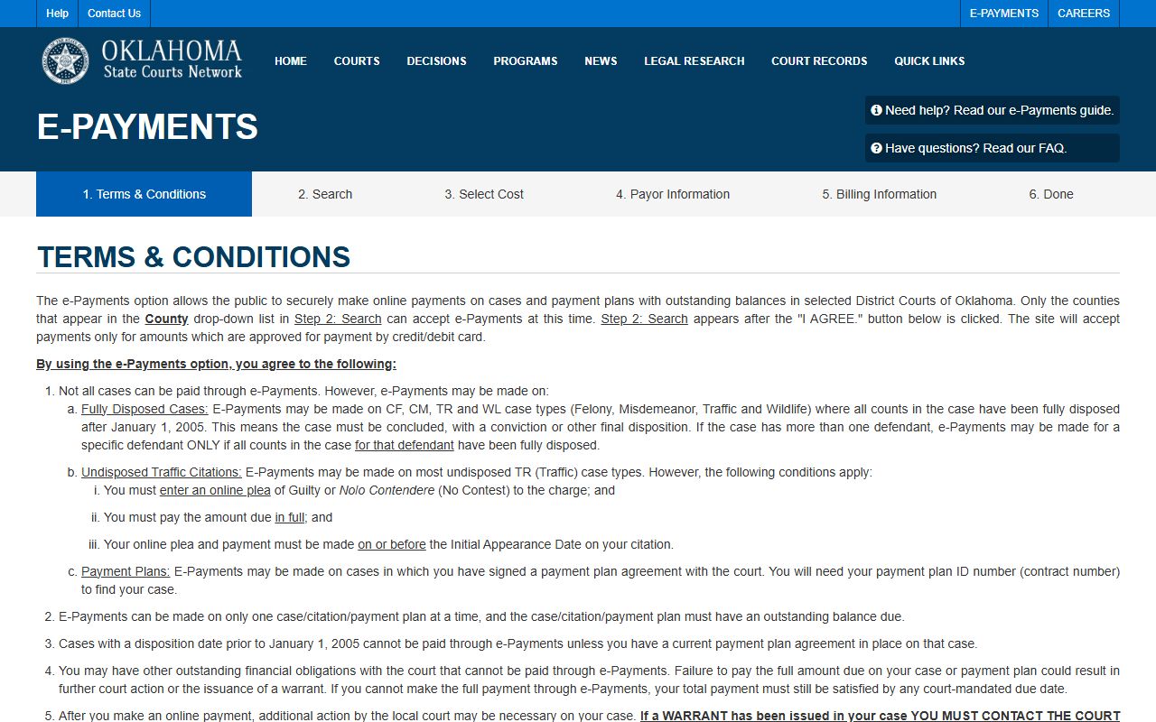 OSCN e-payments terms page tied to Love County court records and case balances