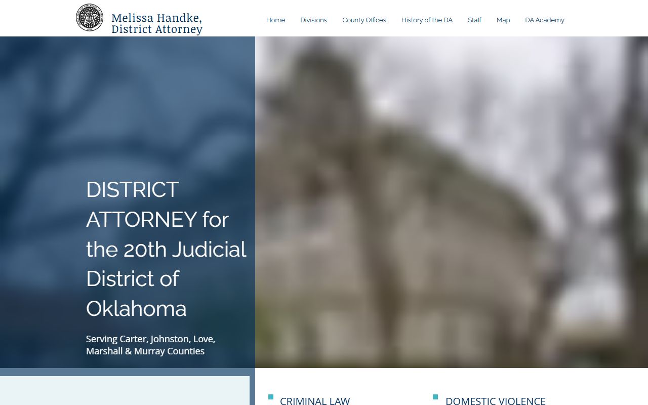 District 20 District Attorney homepage tied to Love County District Court cases