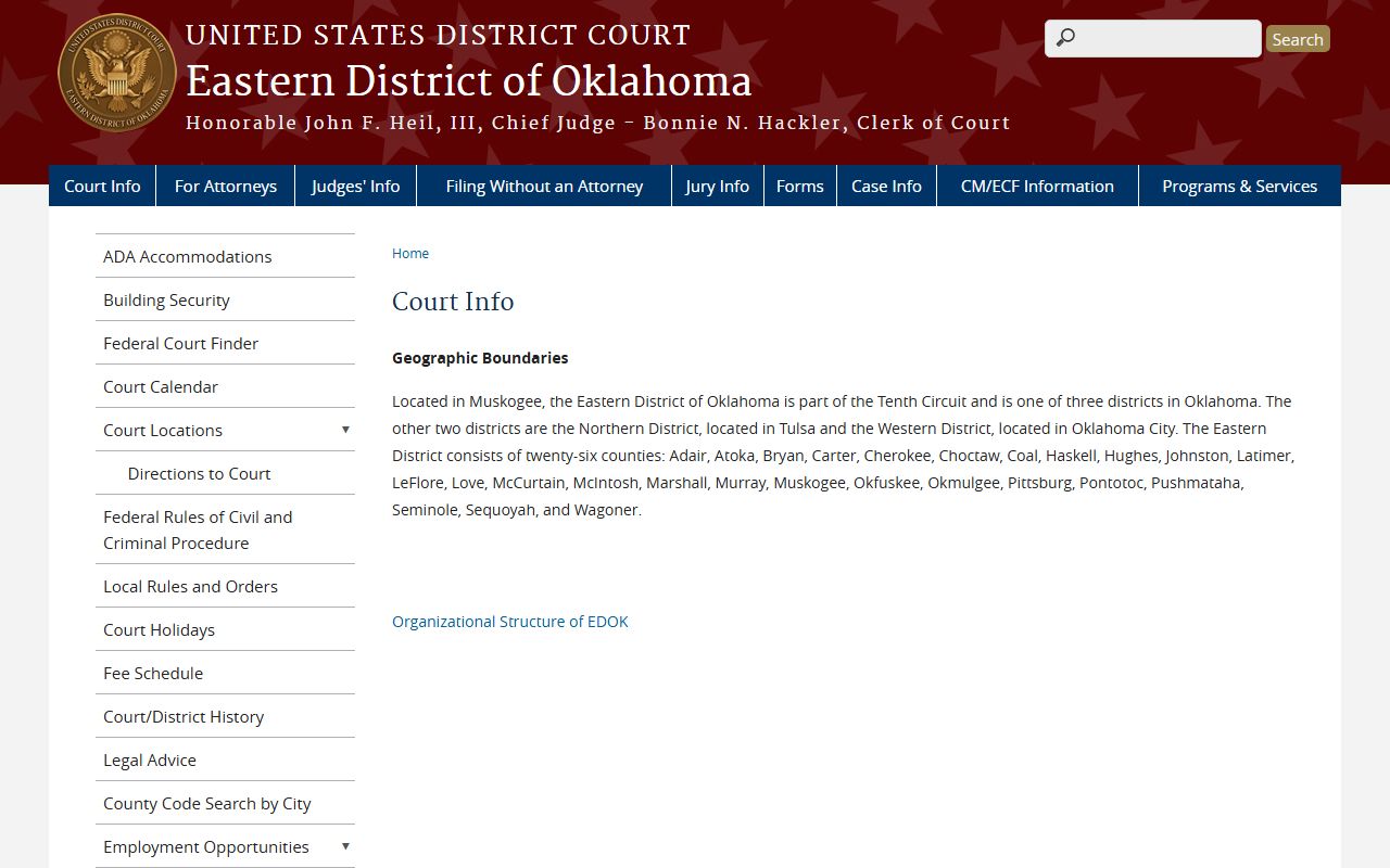 Eastern District of Oklahoma court information page covering Love County federal cases