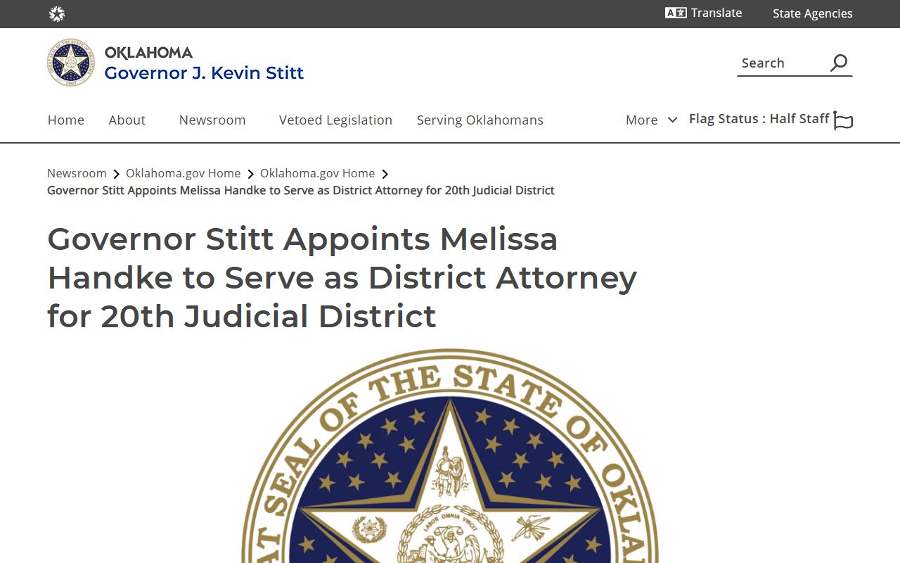 Governor announcement appointing the District 20 District Attorney serving Love County District Court
