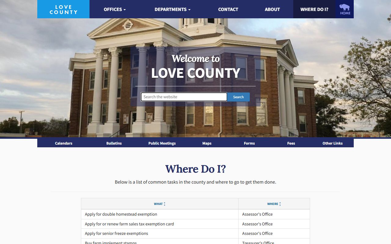 Love County service routing page for court records and clerks