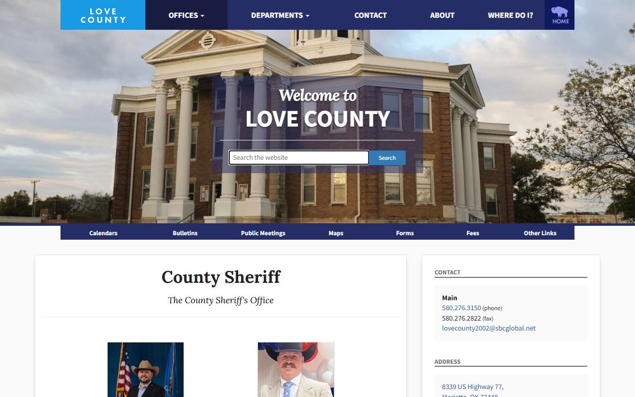 Love County Sheriff page with jail and arrest records contact
