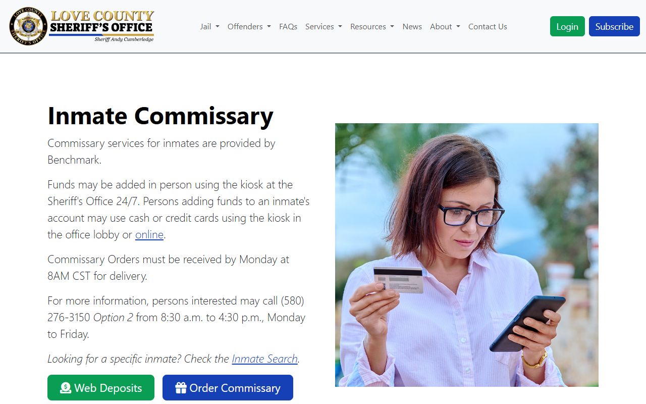 Love County inmate records jail commissary deposit page