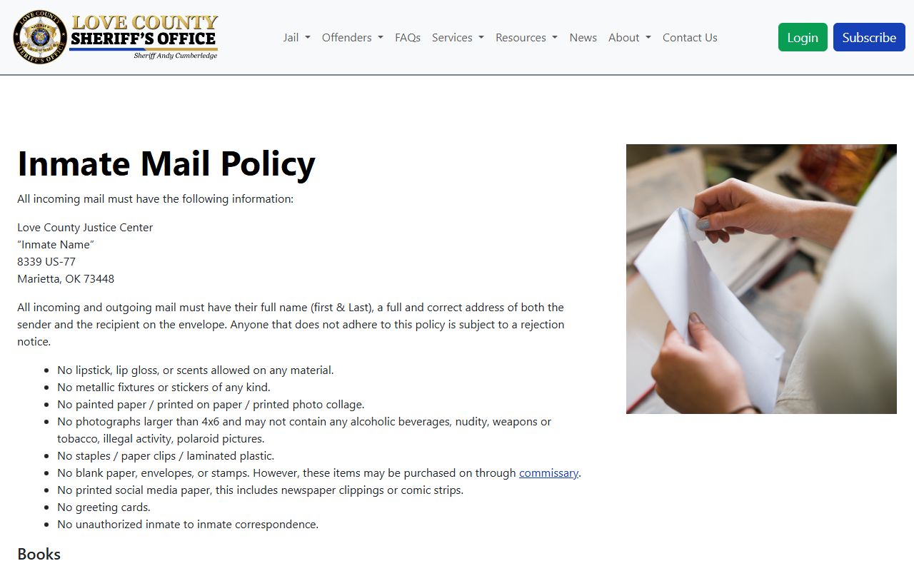Love County inmate records jail inmate mail rules page