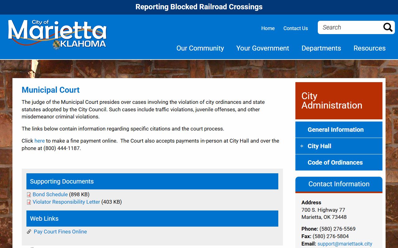 Marietta Municipal Court page used for Love County traffic court records and city ticket payment