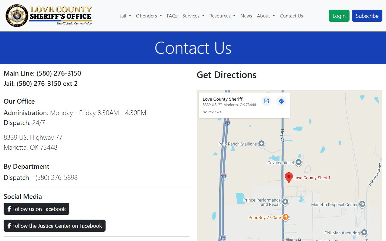 Love County warrant records Sheriff contact page