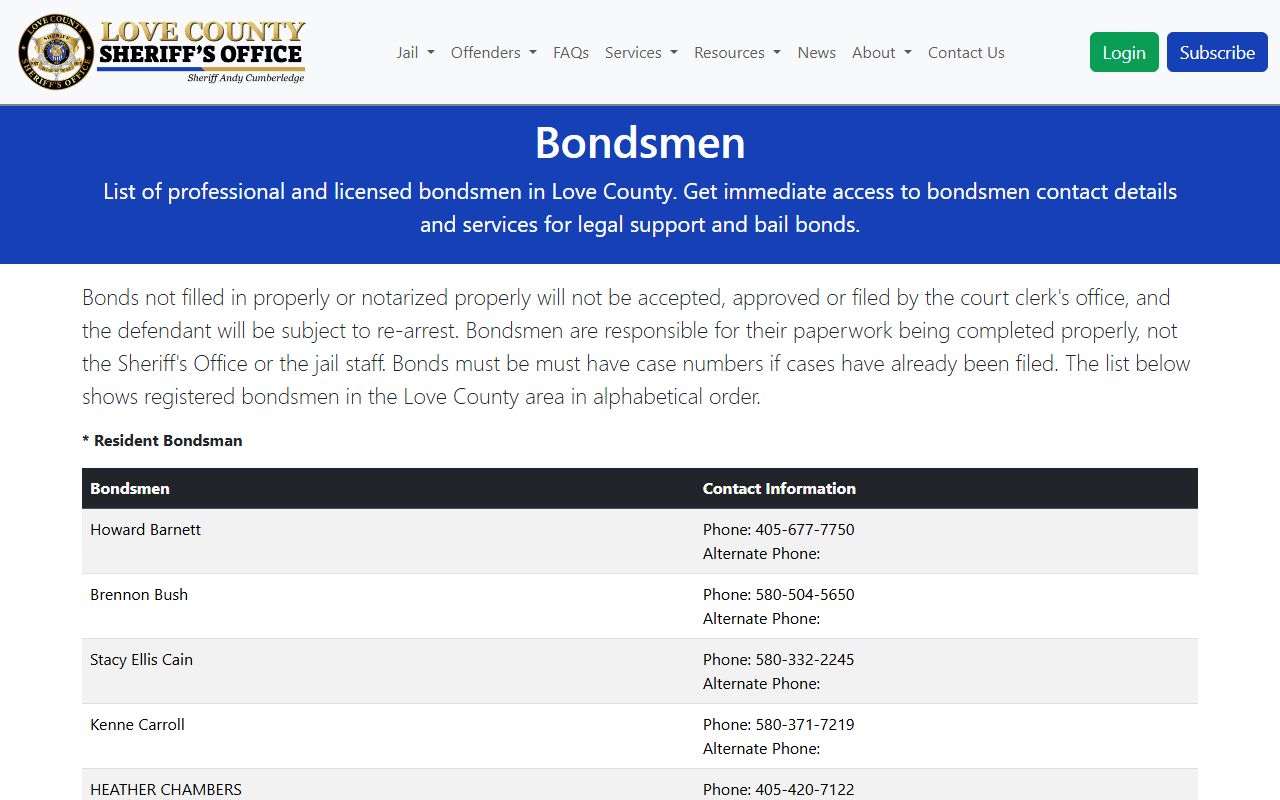 Love County warrant records registered bondsmen page