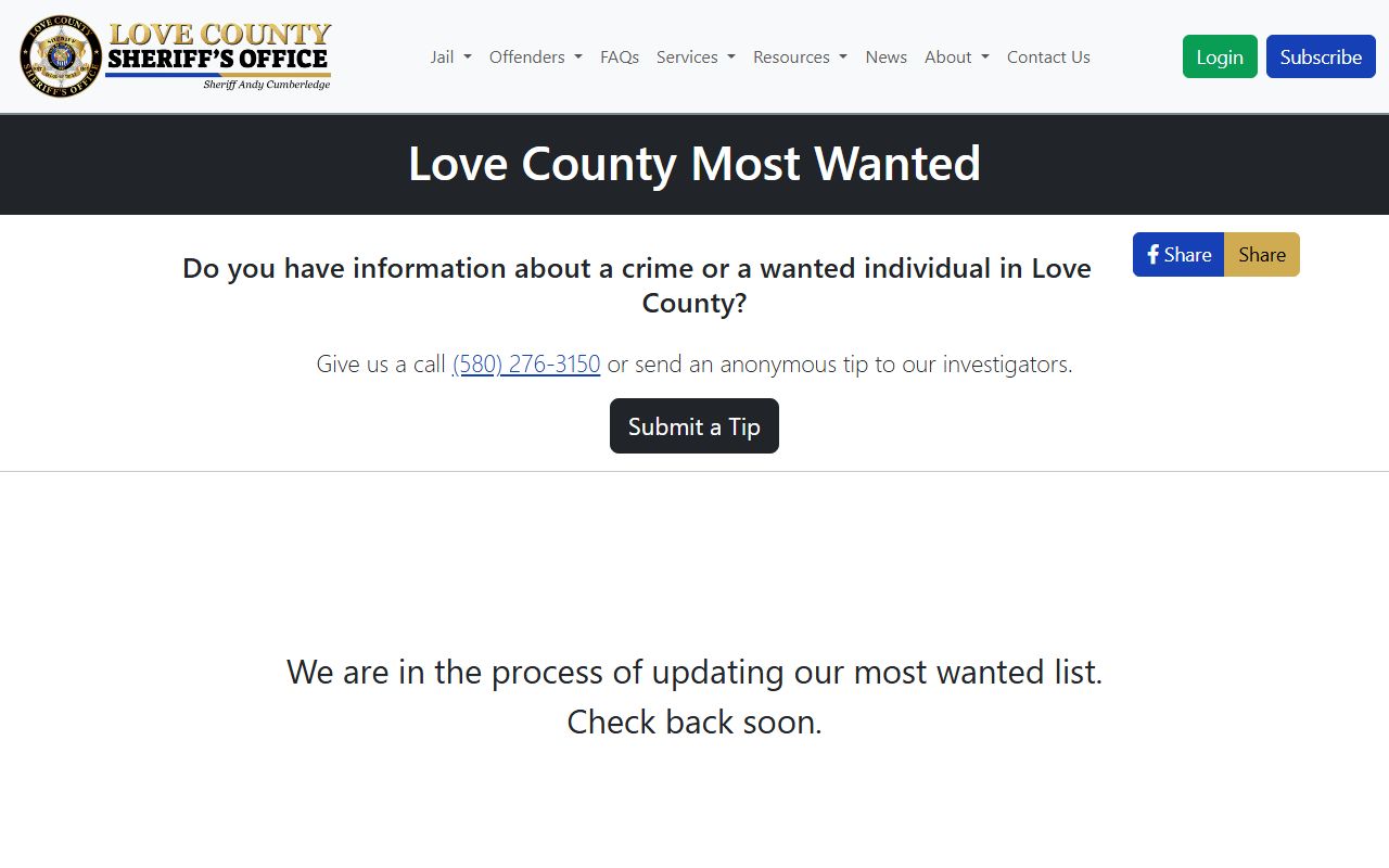 Love County warrant records Sheriff Most Wanted page